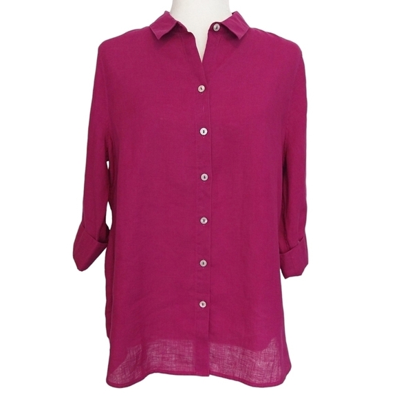 Chico's 100% Linen No Iron Dark Pink 3/4 Sleeve Button-Up Shirt Career Office - Picture 1 of 8